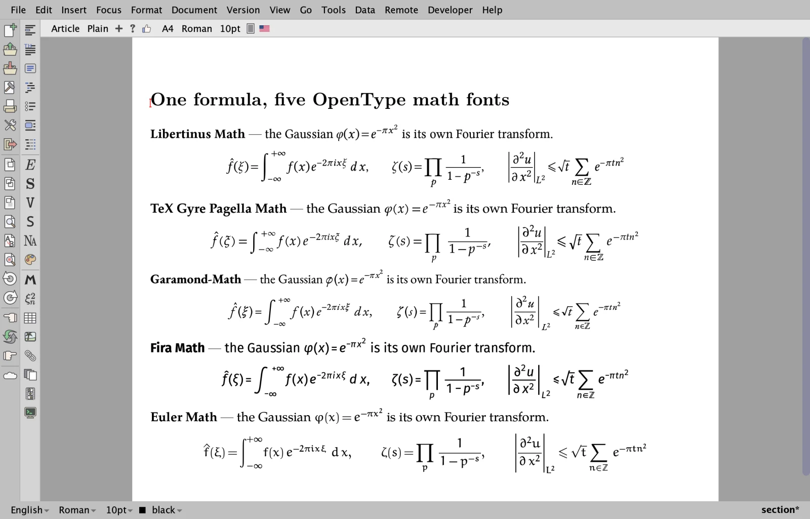 TeXmacs Upsilon with the Vue interface: one formula typeset in five OpenType math fonts, Libertinus, Pagella, Garamond, Fira and Euler